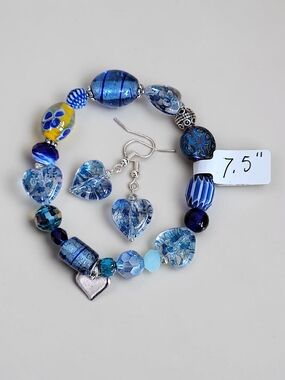 Hand Crafted Blue Glass Bracelet And Earrings Set